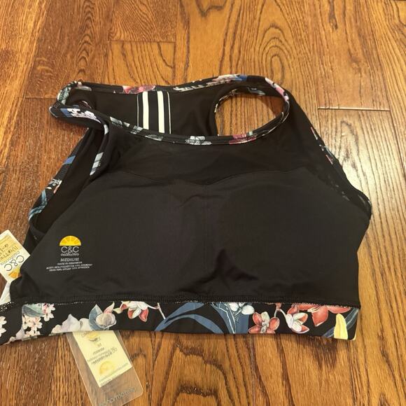 C&C California Womens M Sports Bra Performance Black Floral Mesh Stretch Wicking - Picture 9 of 16